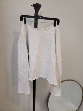 Joah Brown Sweatshirt Women's Small White Oversized Raw Hem Fleece Pullover
